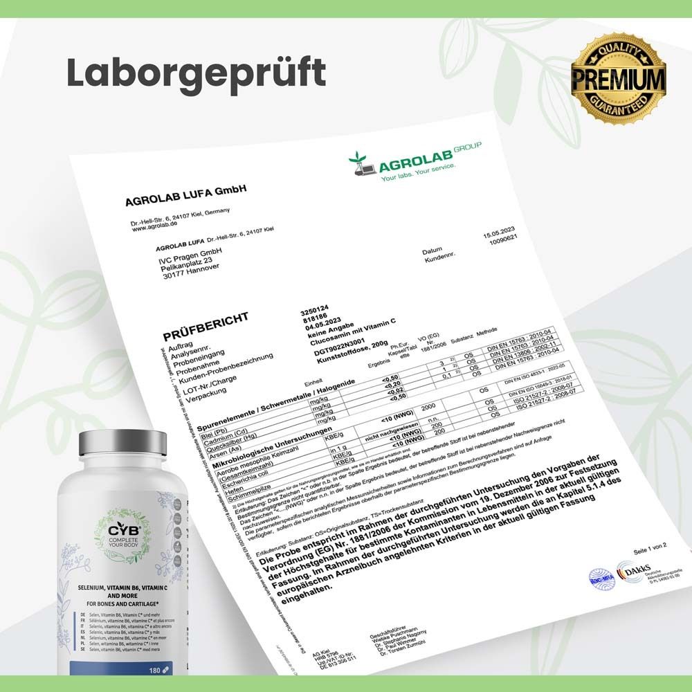 Prüfbericht von Agrolab. Flasche mit CYB-Produkt im Hintergrund. Laborgeprüft.