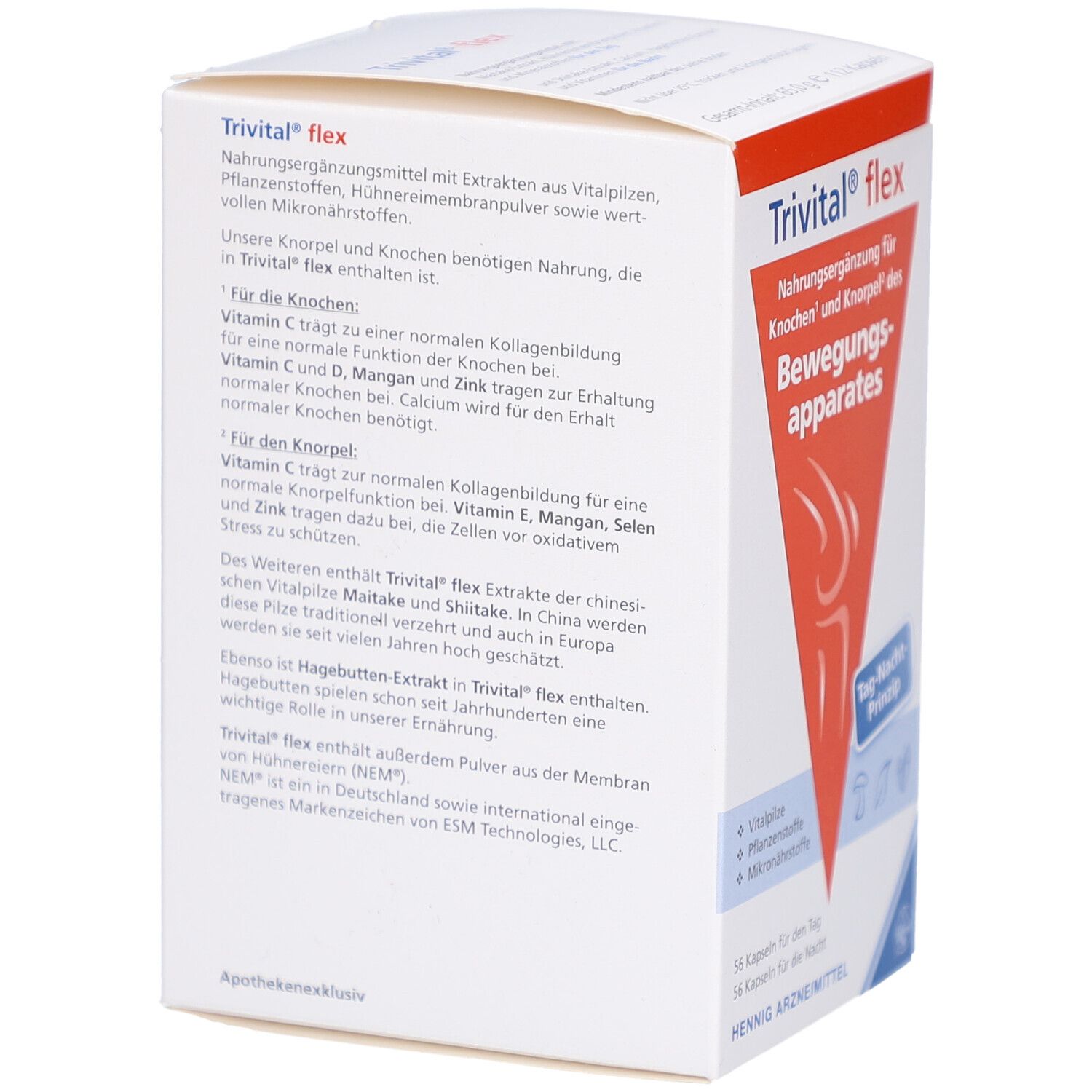 Rückseite der Trivital flex-Verpackung. Text: Inhaltsstoffe, Informationen zur Einnahme, Herstellerangaben. Apothekenexklusiv.