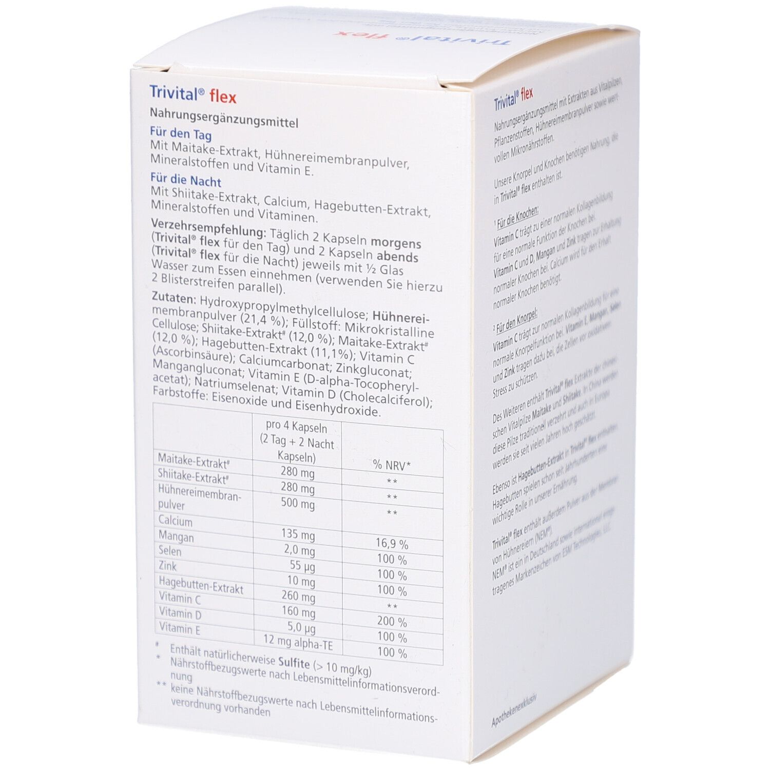 Rückseite der Trivital flex-Verpackung. Text: Nährwerttabelle, Inhaltsstoffe, Verzehrempfehlung. Herstellerangaben.
