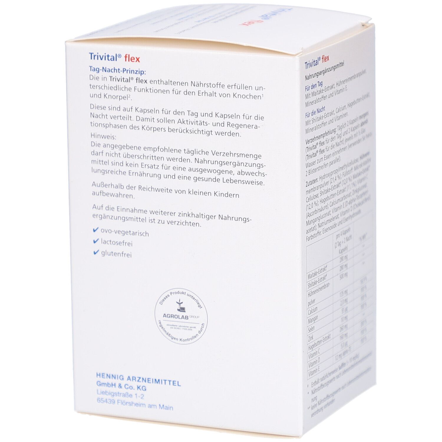 Rückseite der Trivital flex-Verpackung. Text: Tag-Nacht-Prinzip, Hinweise, Herstellerangaben. AgroLab-Siegel.