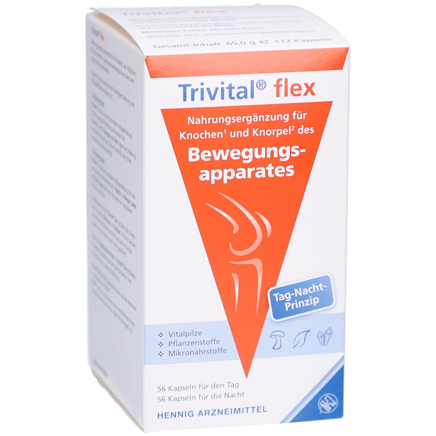 Trivital flex-Verpackung. Weißer Karton mit orangefarbenem Dreieck. Text: Nahrungsergänzungsmittel für Knochen und Knorpel.