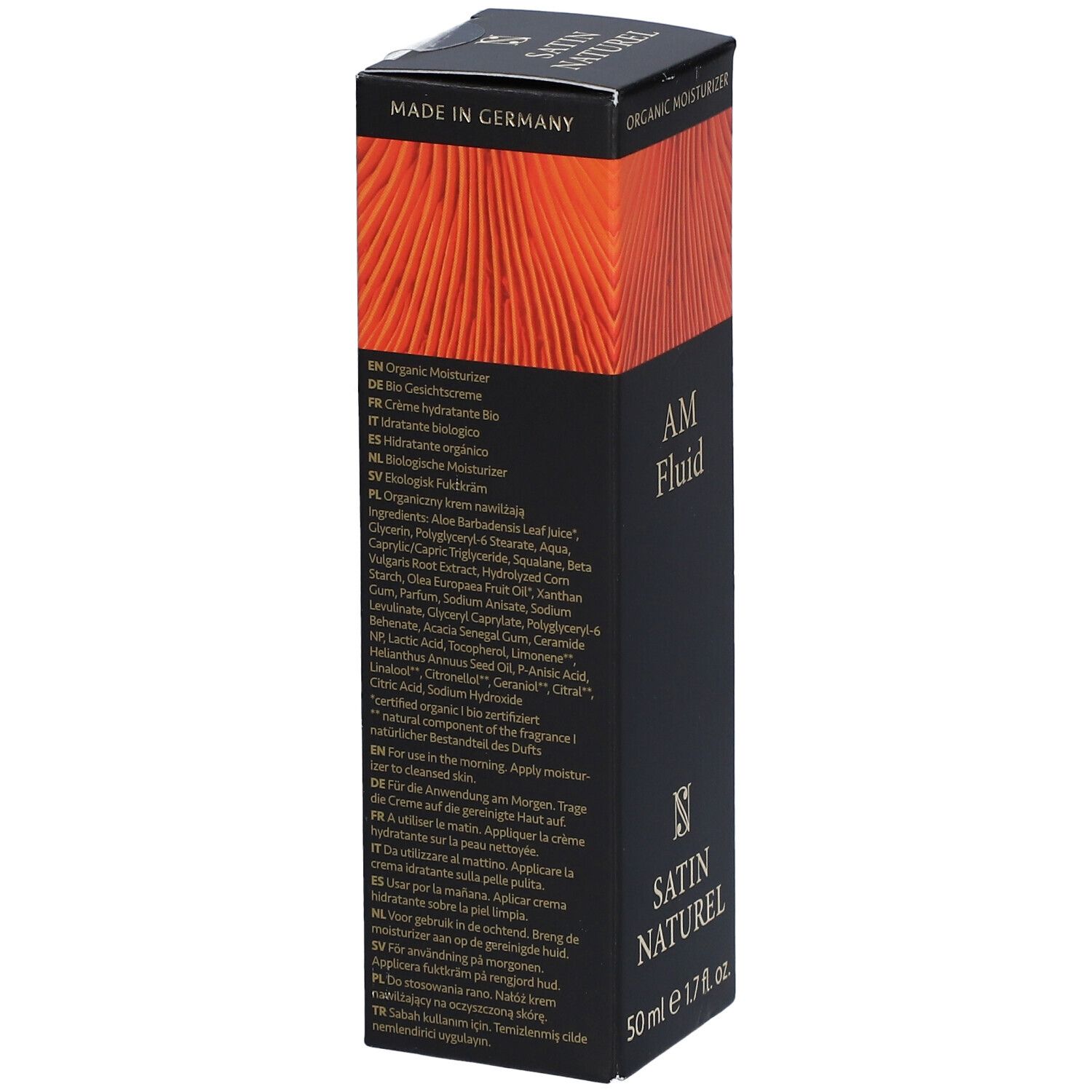 Verpackung mit Inhaltsangaben und Herstellerinformationen. Schwarzer Hintergrund, orangefarbenes Muster. Text in mehreren Sprachen.