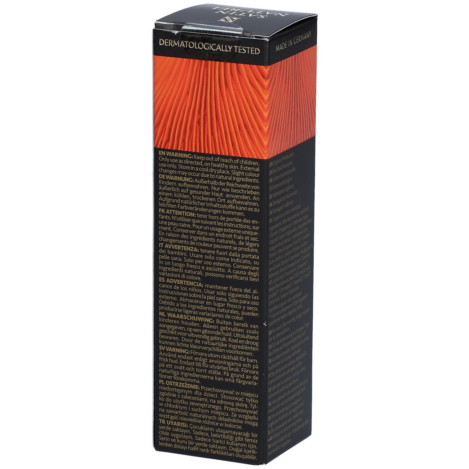 Verpackung mit Warnhinweisen und Inhaltsstoffen. Schwarzer Hintergrund, orangefarbenes Muster. Text in mehreren Sprachen.