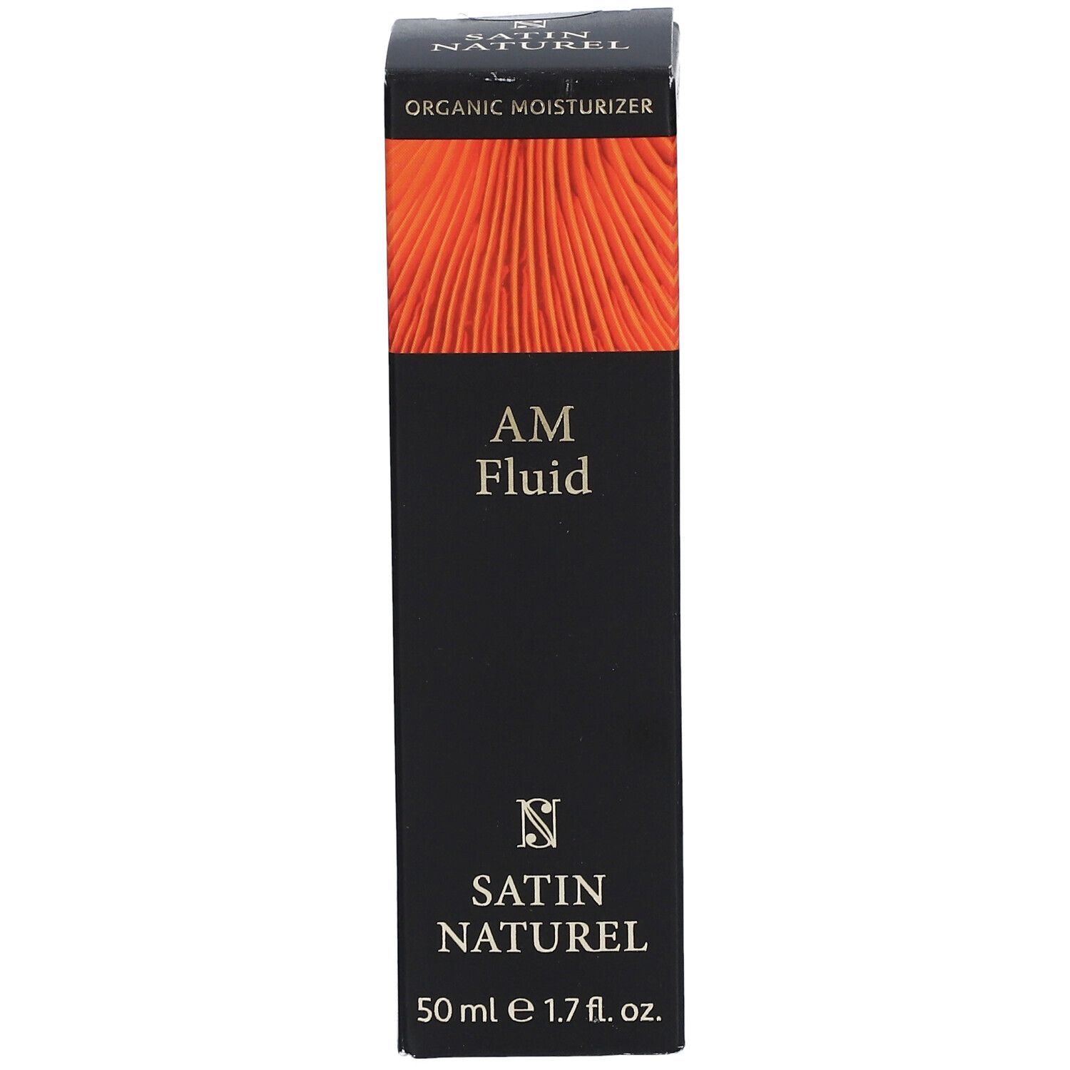 Schwarze Verpackung mit orangefarbenem Muster. Aufschrift "AM Fluid" und "SATIN NATUREL".