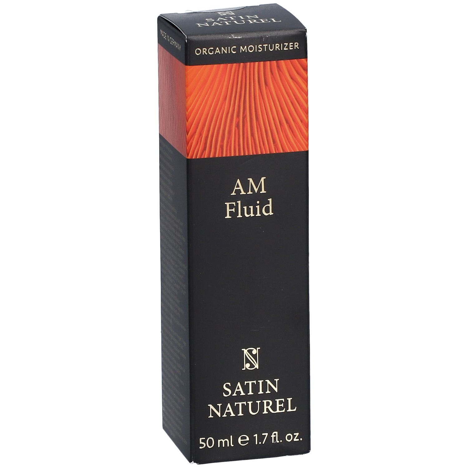 Schwarze Verpackung mit orangefarbenem Muster. Aufschrift "AM Fluid" und "SATIN NATUREL". Enthält 50 ml.