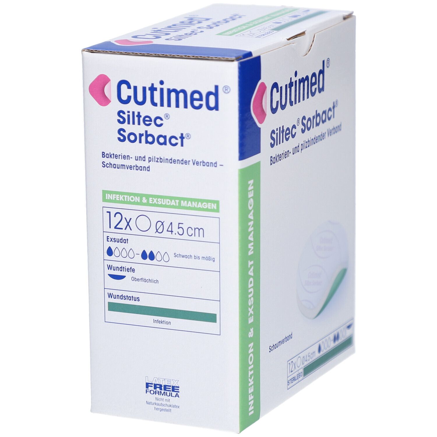Verpackung von Cutimed Siltec Sorbact. Enthält 12 Verbände, 4,5 cm Durchmesser. Aufdrucke: Bakterien- und pilzbindender Verband. Infektion & Exsudat managen.
