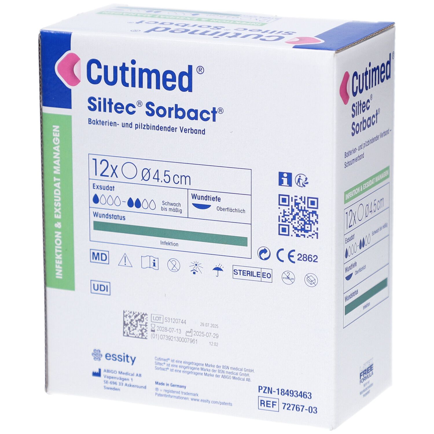 Verpackung von Cutimed Siltec Sorbact. Enthält 12 Verbände, 4,5 cm Durchmesser. Aufdrucke: Bakterien- und pilzbindender Verband. CE-Kennzeichnung.