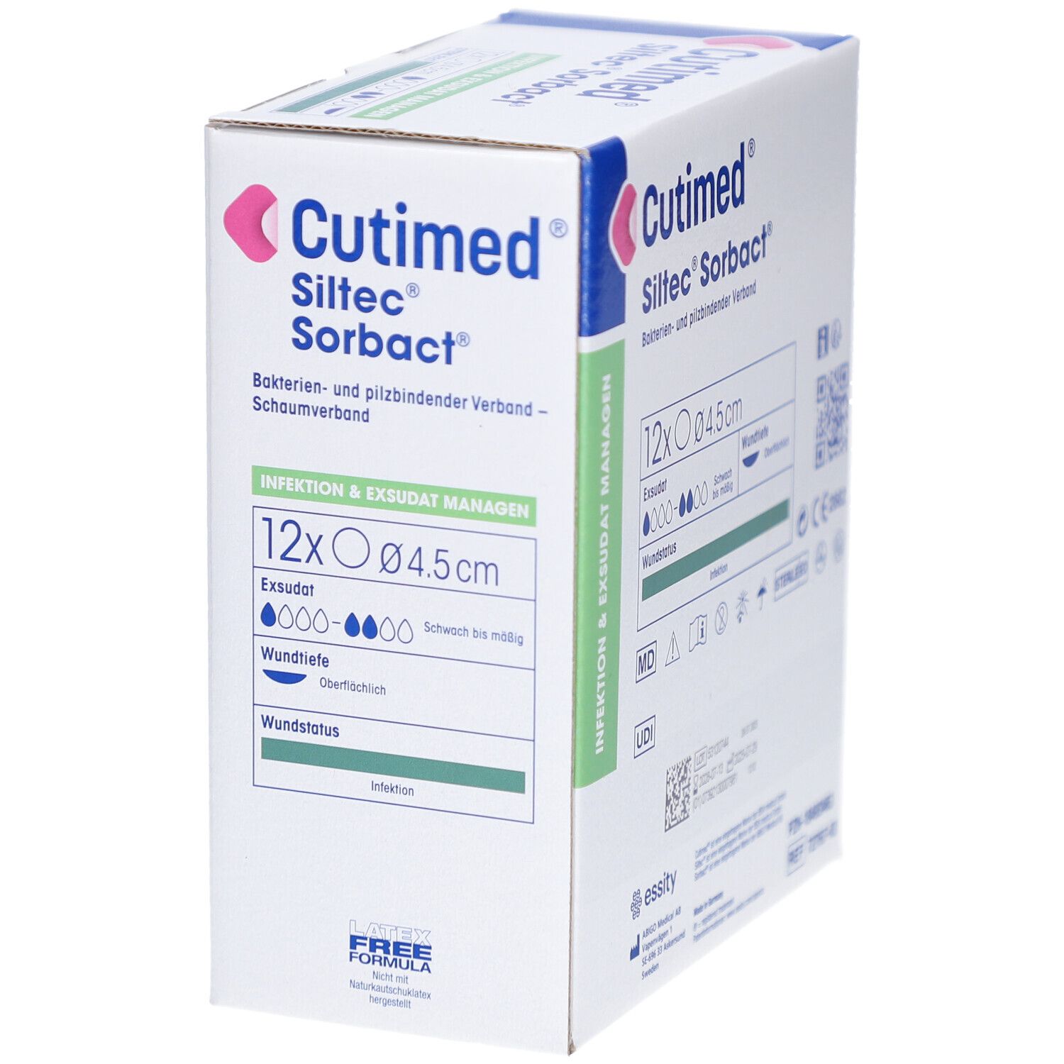 Verpackung von Cutimed Siltec Sorbact. Enthält 12 Verbände, 4,5 cm Durchmesser. Aufdrucke: Bakterien- und pilzbindender Verband. Infektion & Exsudat managen.