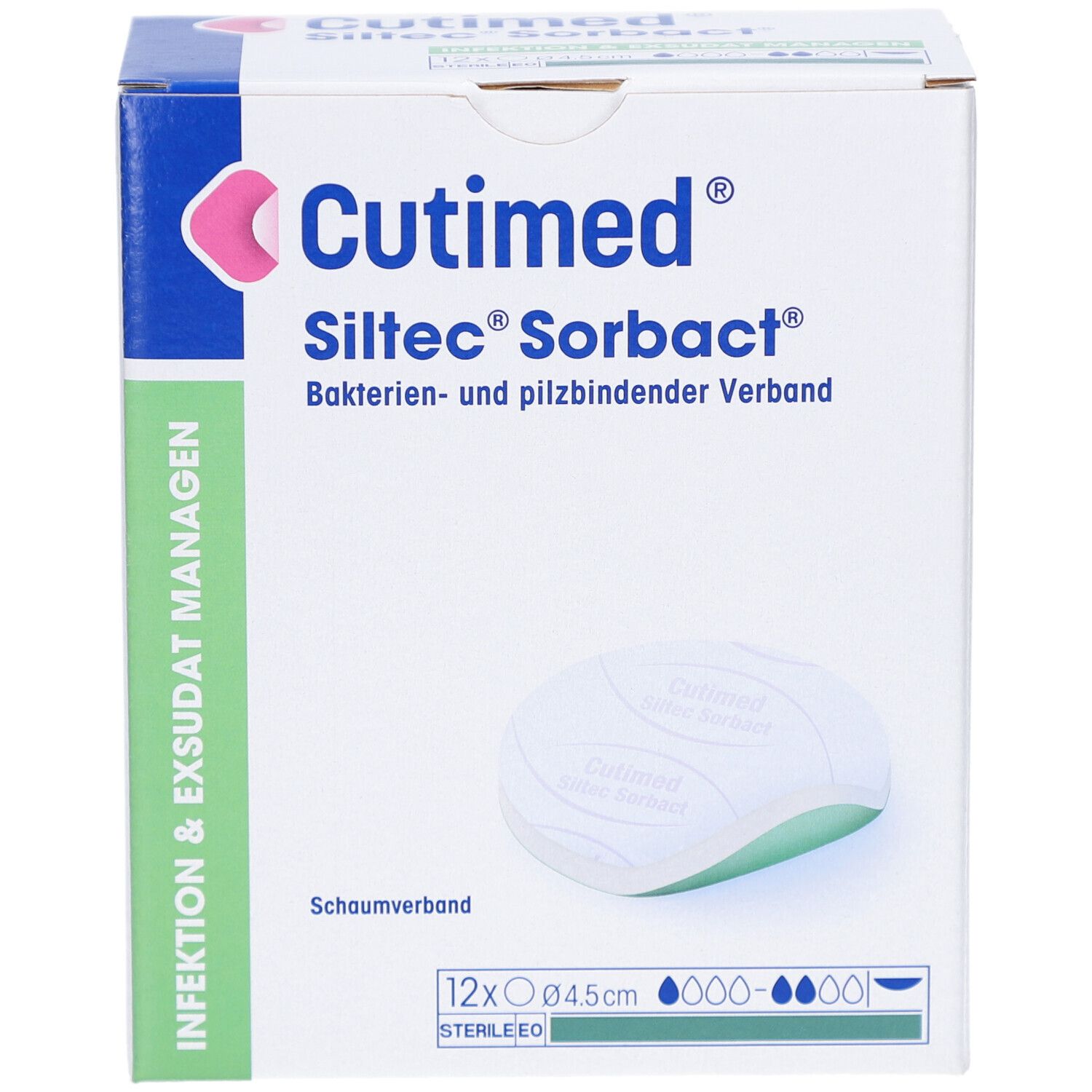Verpackung von Cutimed Siltec Sorbact. Enthält 12 Verbände, 4,5 cm Durchmesser. Schaumverband. Aufdrucke: Bakterien- und pilzbindender Verband.