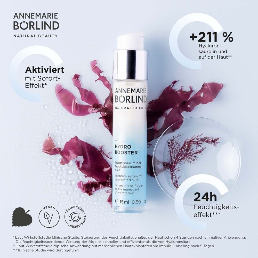 BÖRLIND Hydro Booster Konzentrat. Flasche, Algen, Wassertropfen. Text: +211% Hyaluronsäure.