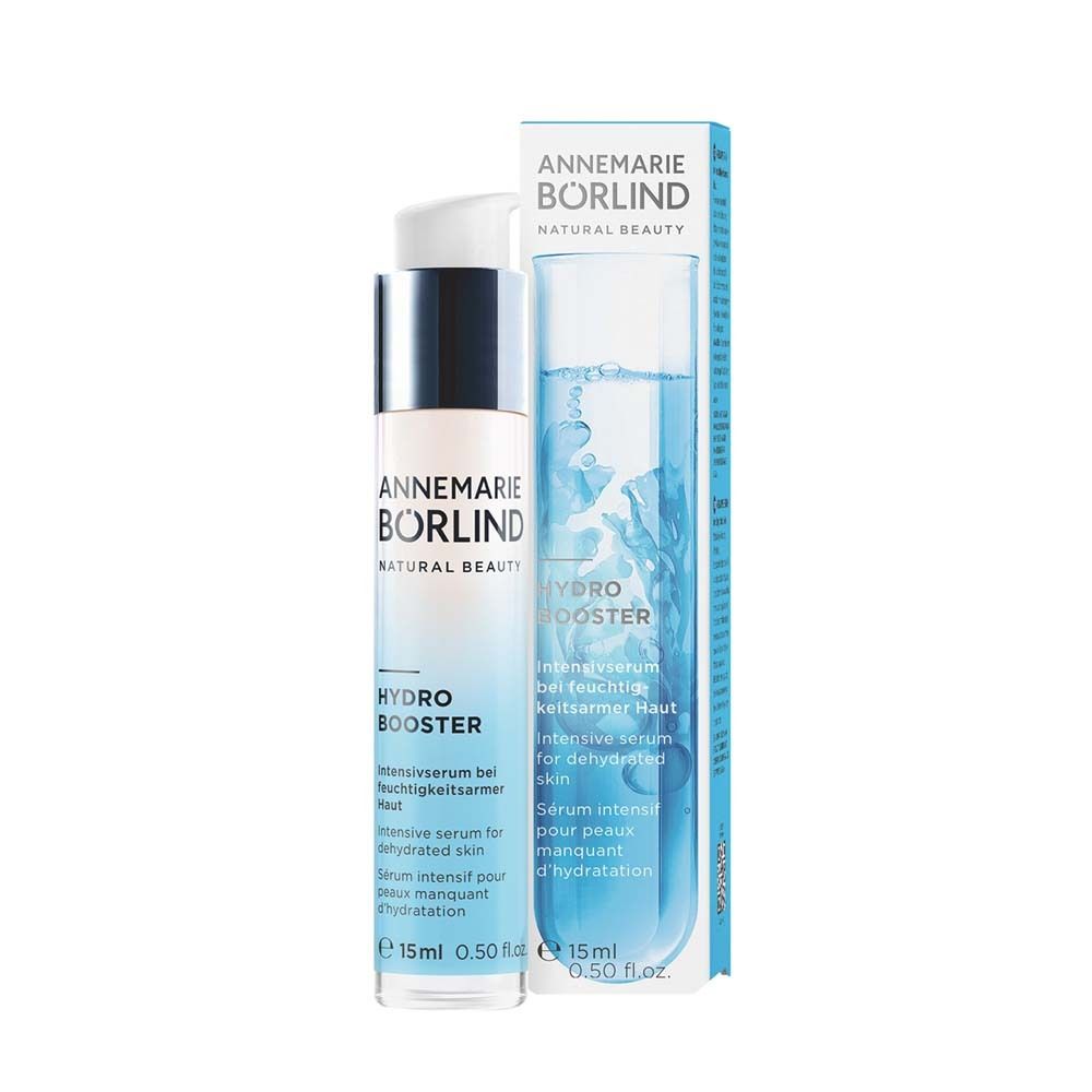 BÖRLIND Hydro Booster Konzentrat. Flasche und Verpackung. Weiß, blau. 15ml.