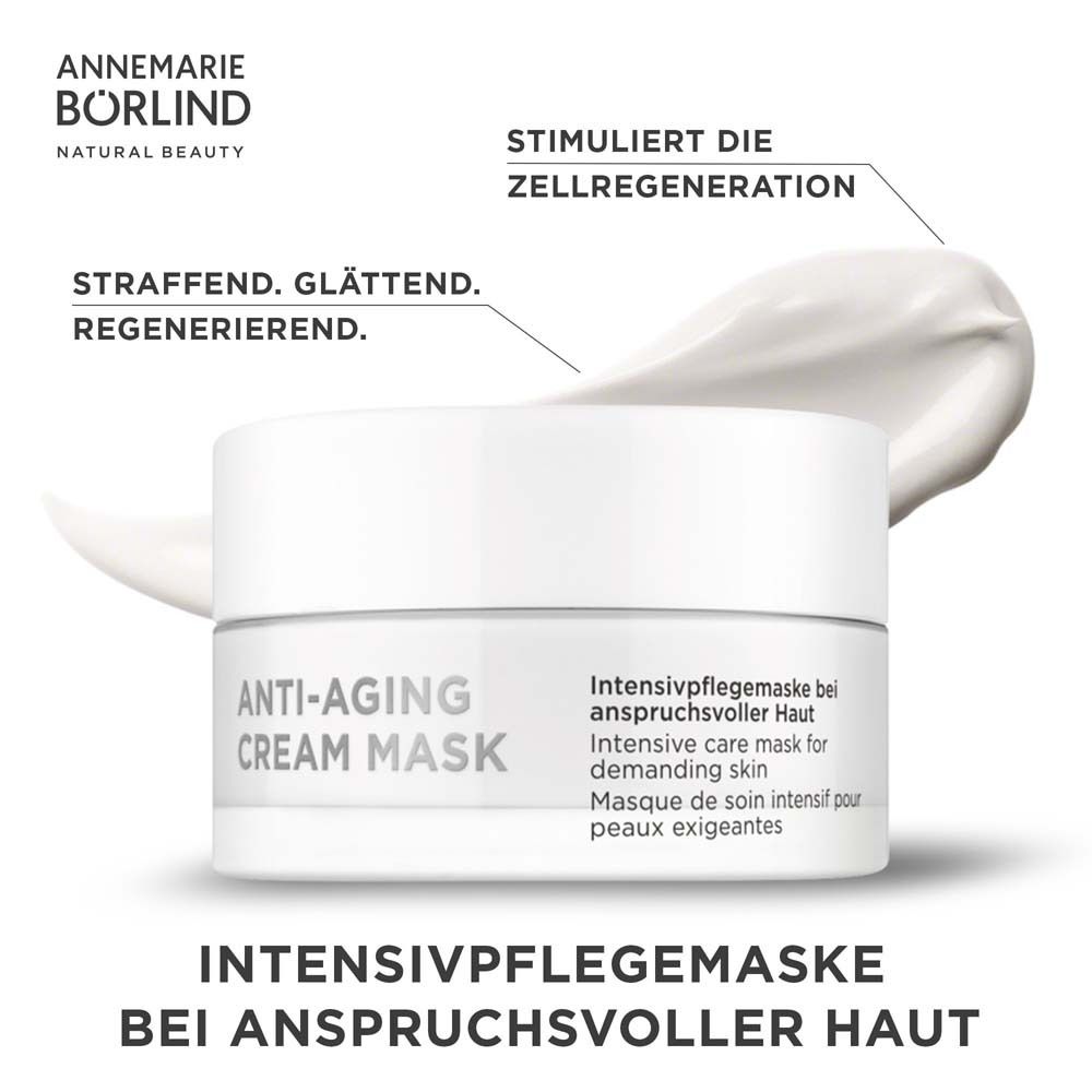 Creme-Maske in einem Tiegel. Aufschrift: ANTI-AGING CREAM MASK. Text in Deutsch, Englisch und Französisch. Pfeile mit Text.