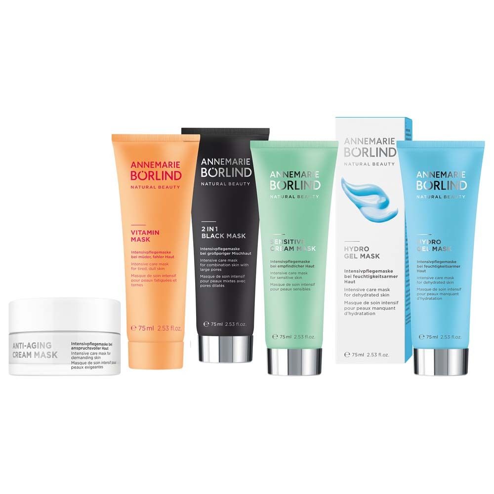 Verschiedene Cremes in Tuben und Tiegel. Aufschrift: ANNEMARIE BÖRLIND. Produkte: Vitamin Mask, 2in1 Black Mask, etc.