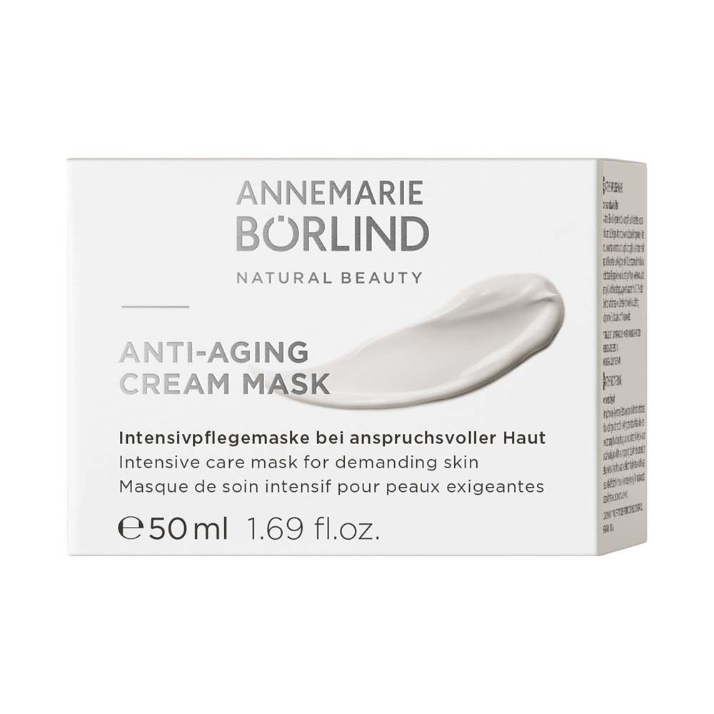 Verpackung der Creme-Maske. Aufschrift: ANTI-AGING CREAM MASK. Text in Deutsch, Englisch und Französisch. 50ml.