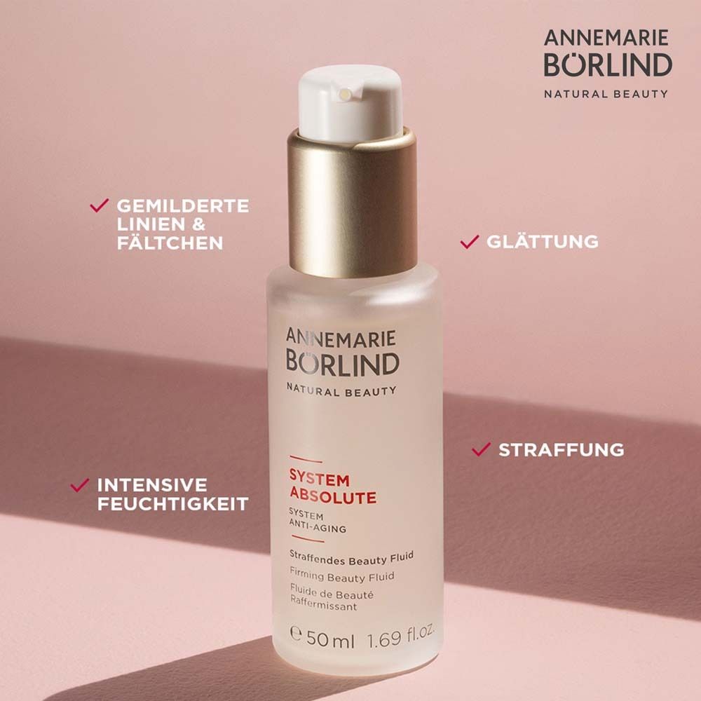 Börlind System Absolute Beauty Fluid. Flasche mit Pumpspender. Text: Intensive Feuchtigkeit, Glättung, Straffung.