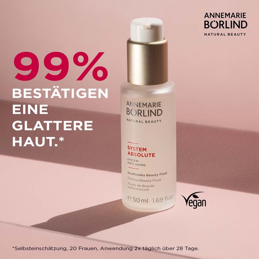 Börlind System Absolute Beauty Fluid. Flasche mit Pumpspender. Vegan-Siegel. Text: 99% bestätigen glattere Haut.