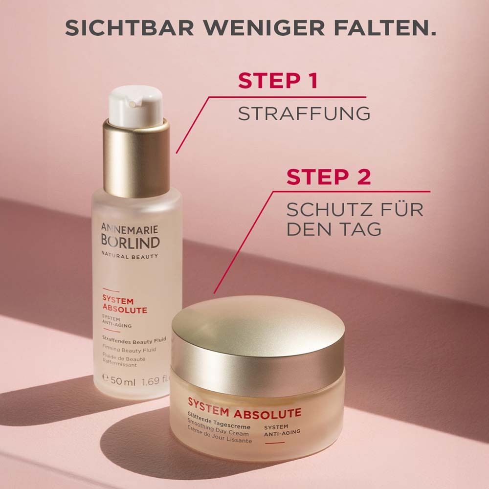 Börlind System Absolute Beauty Fluid und Tagescreme. Text: Schritt 1 Straffung, Schritt 2 Schutz für den Tag.