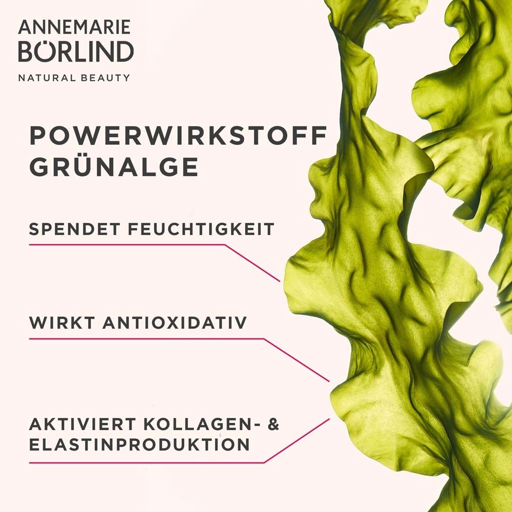 Grünalge. Text: Spendet Feuchtigkeit, wirkt antioxidativ, aktiviert Kollagen- & Elastinproduktion.