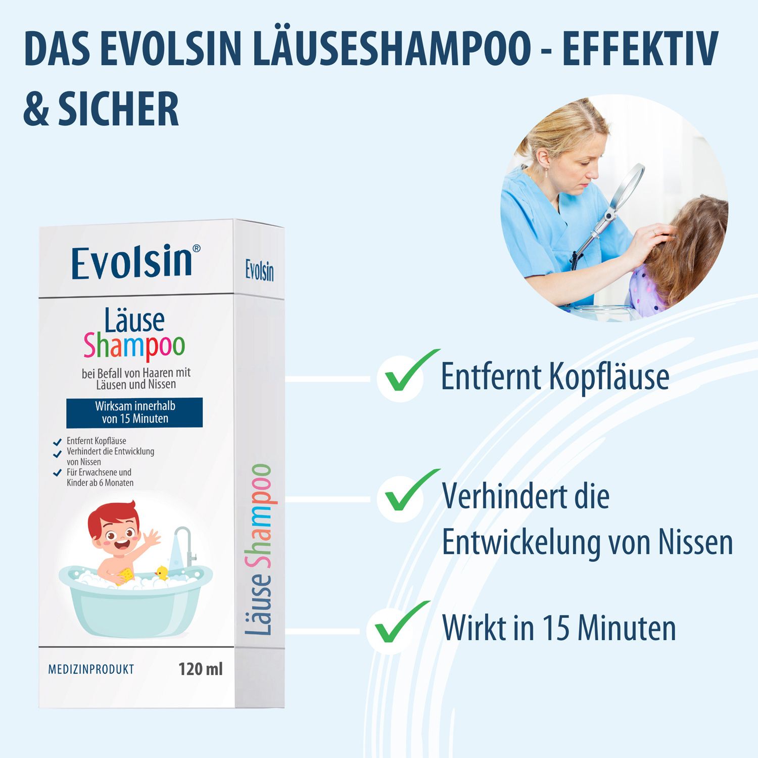 Evolsin® 120ml Läuseshampoo & Läusekamm –  bei Befall von Nissen & Kopfläusen  – Läusemittel schonend für die Kopfhaut