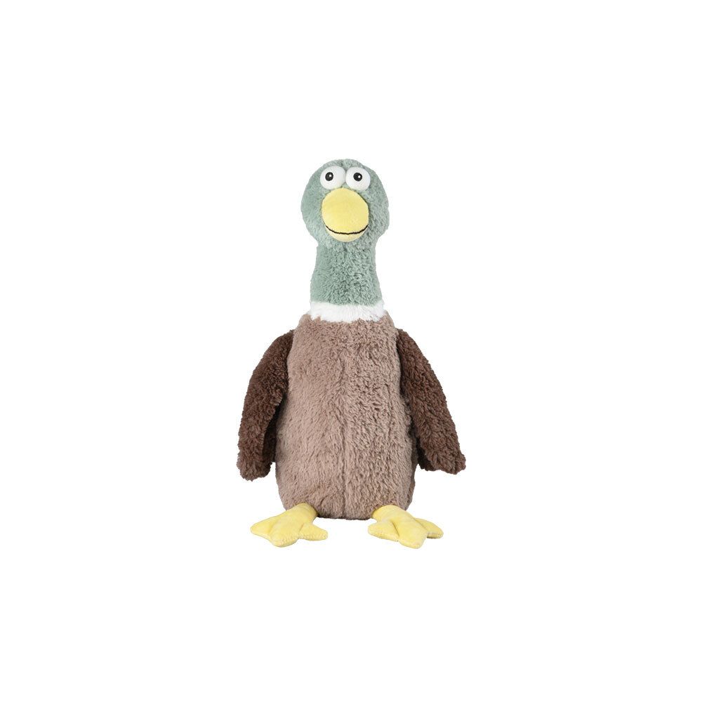 Plüschtier-Ente, braun, grün und gelb. Stehend, mit großen Augen und Schnabel. Füße gelb.
