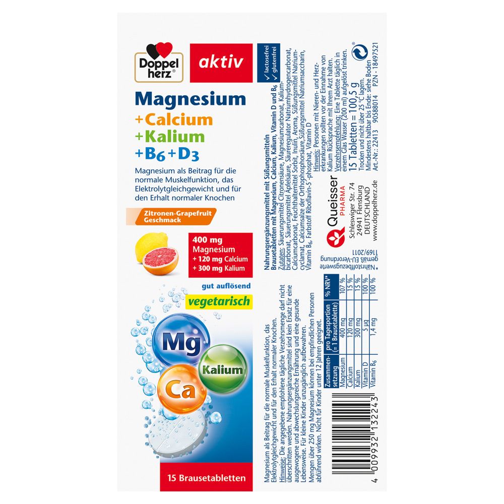 Doppelherz aktiv Magnesium + Calcium + Kalium + B6 + D3. Verpackung mit 15 Brausetabletten. Inhaltsstoffe und Nährwertangaben.