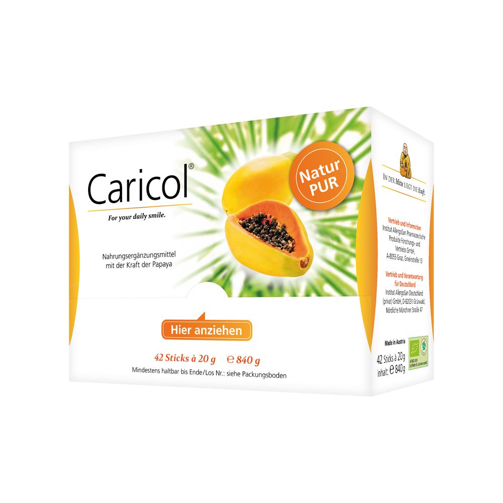 Caricol®-Verpackung mit Papaya-Abbildung. Enthält 42 Sticks. Aufschrift: Natur PUR. Text: Nahrungsergänzungsmittel mit der Kraft der Papaya.