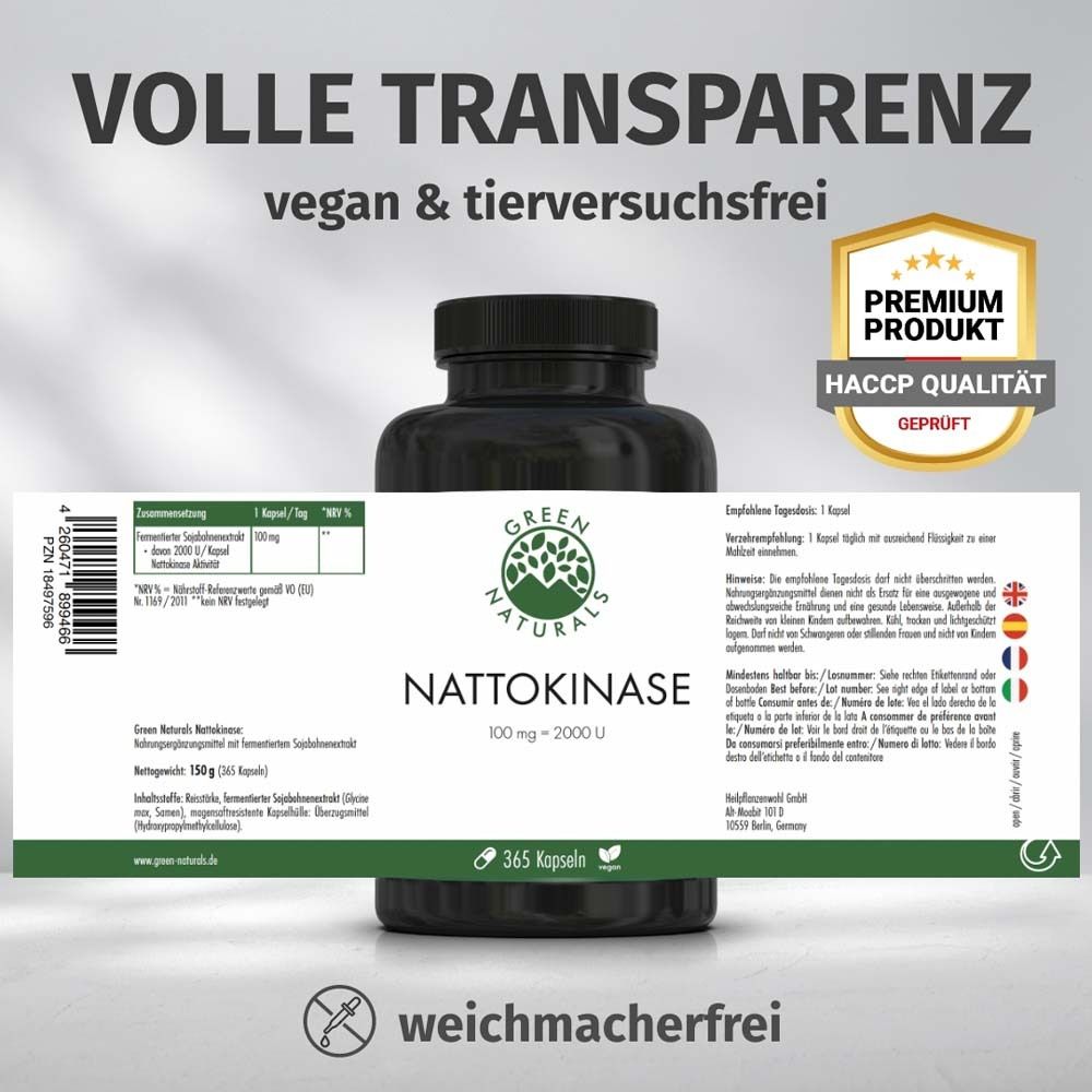 Produktflasche mit Etikett. Text: Volle Transparenz, vegan & tierversuchsfrei, Premium Produkt, HACCP Qualität. Mehrsprachige Texte.