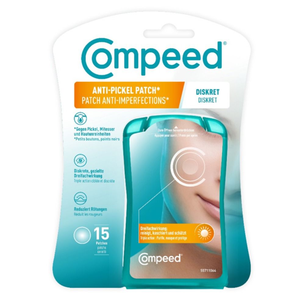 Verpackung mit compeed® Anti-Pickel Patches. Enthält 15 Patches. Produktname und Eigenschaften sind auf der Verpackung angegeben.