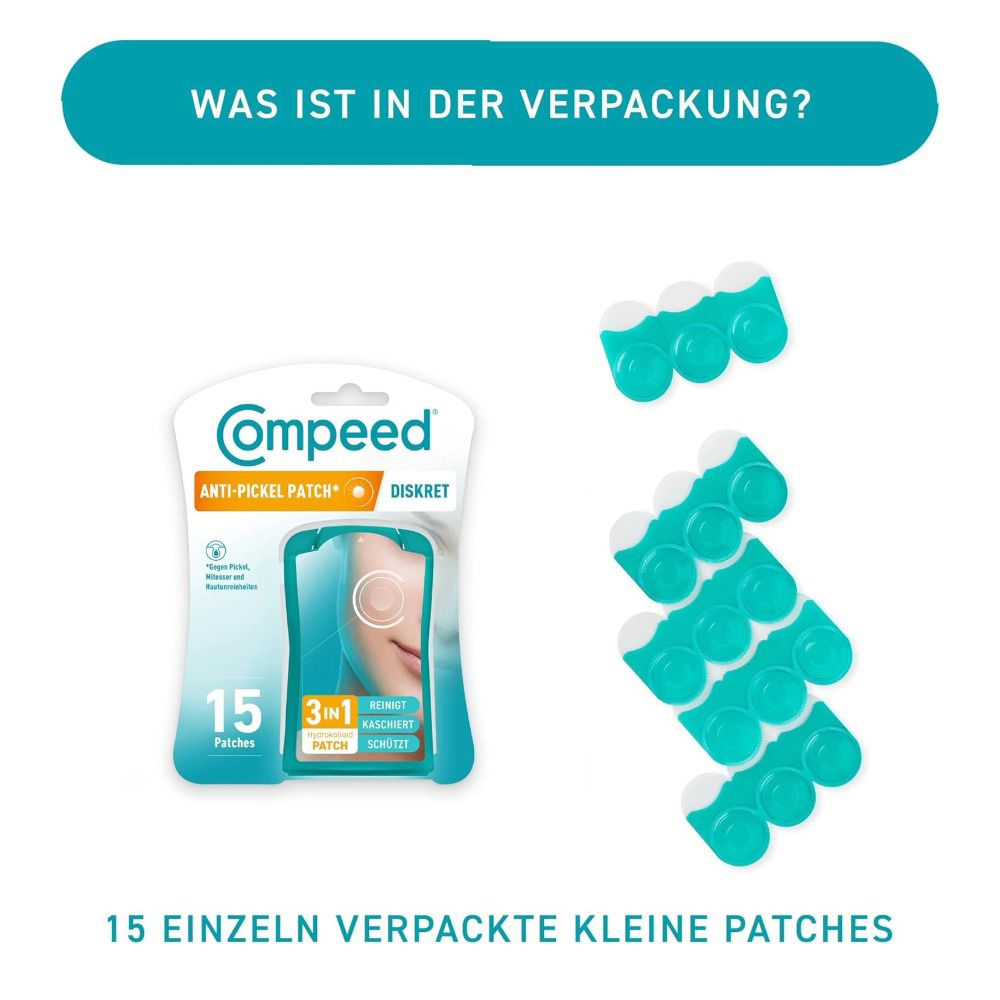 Verpackung mit 15 einzeln verpackten compeed® Anti-Pickel Patches. Patches sind türkis und weiß.