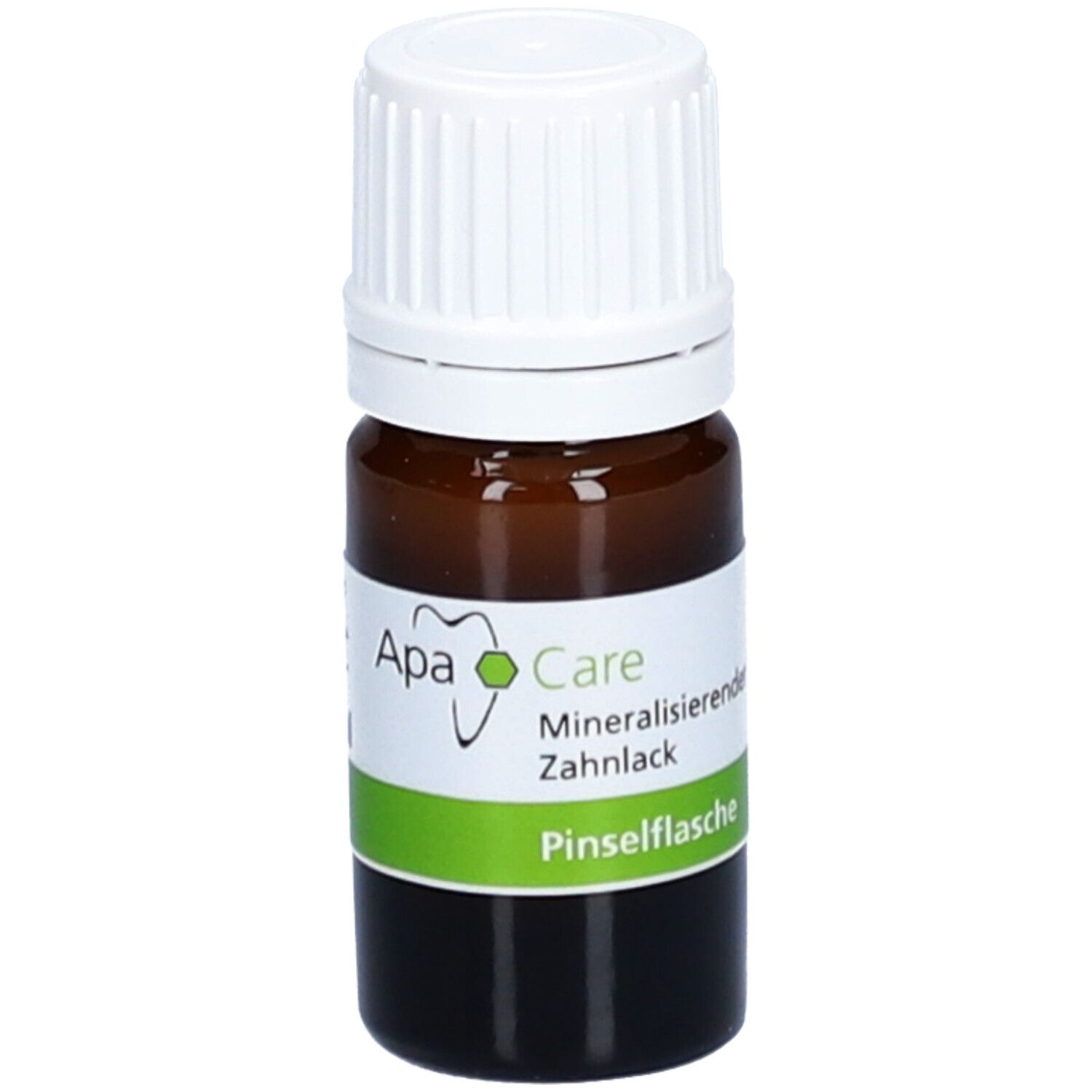 Braune Glasflasche mit weißem Deckel. Etikett mit ApaCare-Logo und Schriftzug 'Mineralisierender Zahnlack Pinselfflasche'.