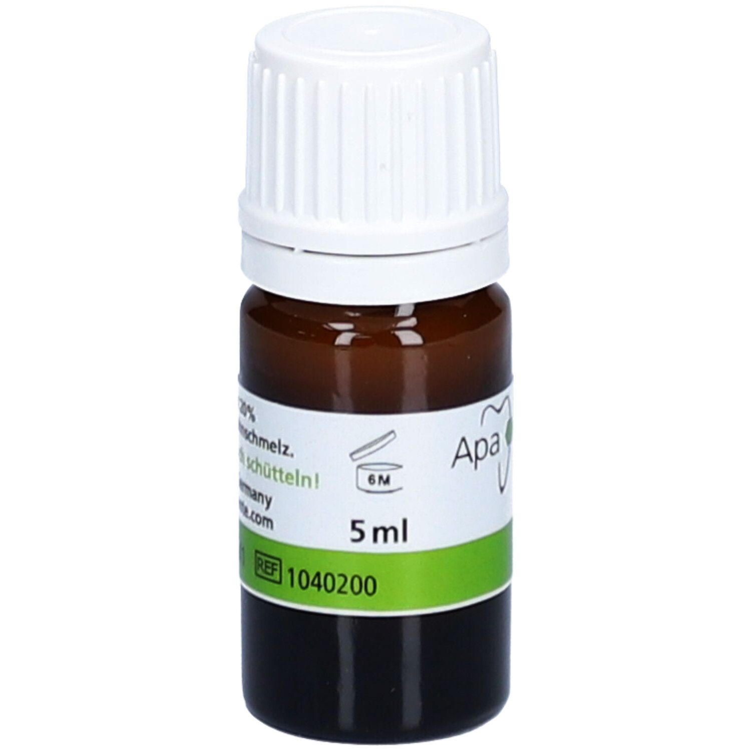 Braune Glasflasche mit weißem Deckel. Etikett mit ApaCare-Logo, '5 ml' und '6M' Symbol. Text: 'Mineralisierender Zahnlack Pinselfflasche'.