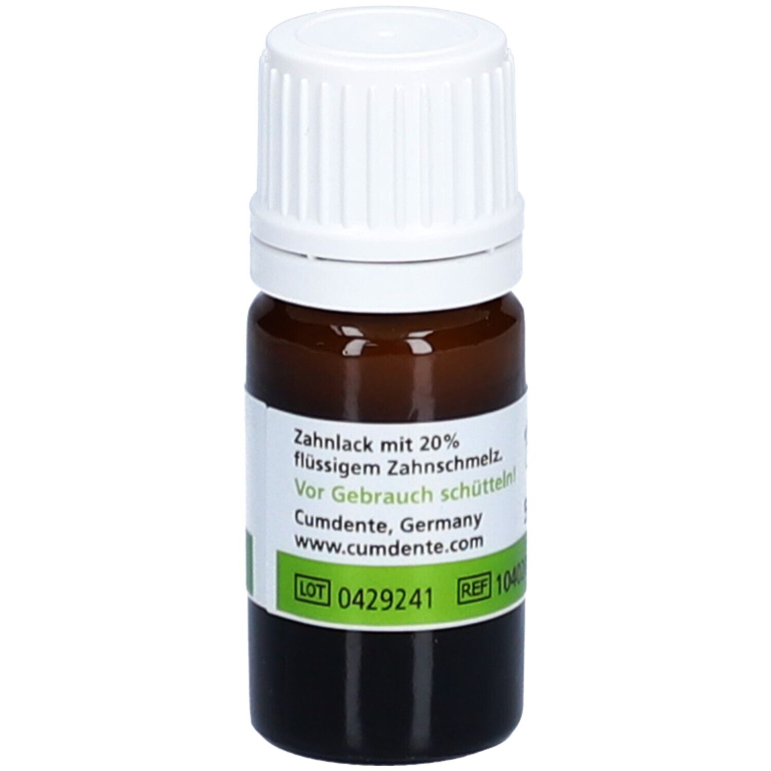 Braune Glasflasche mit weißem Deckel. Etikett mit ApaCare-Logo und Text: 'Zahnlack mit 20% flüssigem Zahnschmelz'.