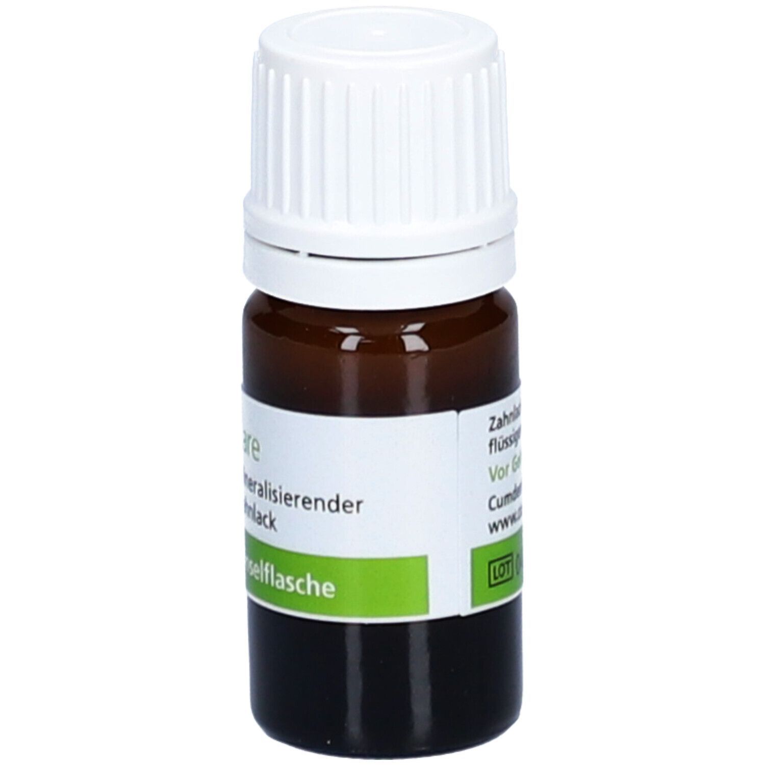 Braune Glasflasche mit weißem Deckel. Etikett mit ApaCare-Logo und Text: 'Mineralisierender Zahnlack Pinselfflasche'.