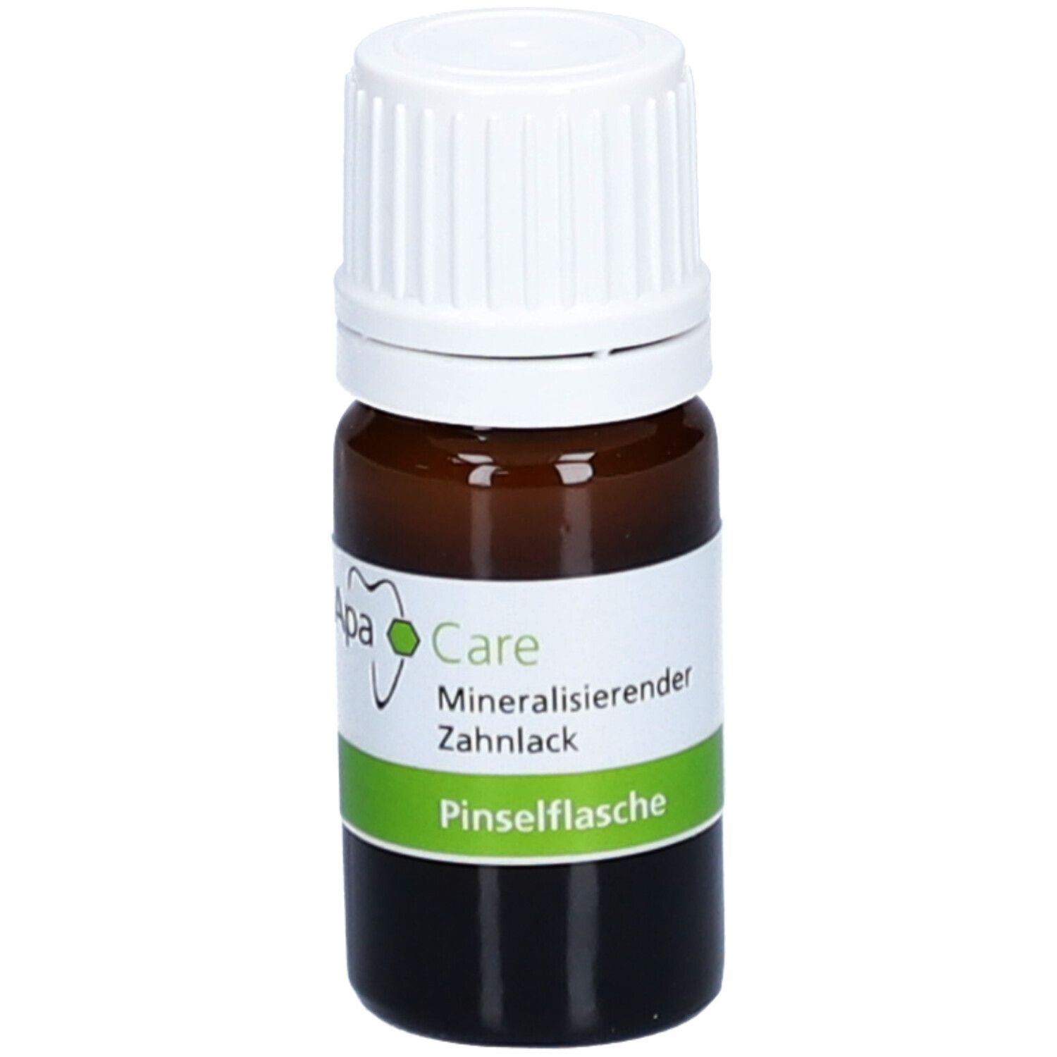 Braune Glasflasche mit weißem Deckel. Etikett mit ApaCare-Logo und Text: 'Mineralisierender Zahnlack Pinselfflasche'.