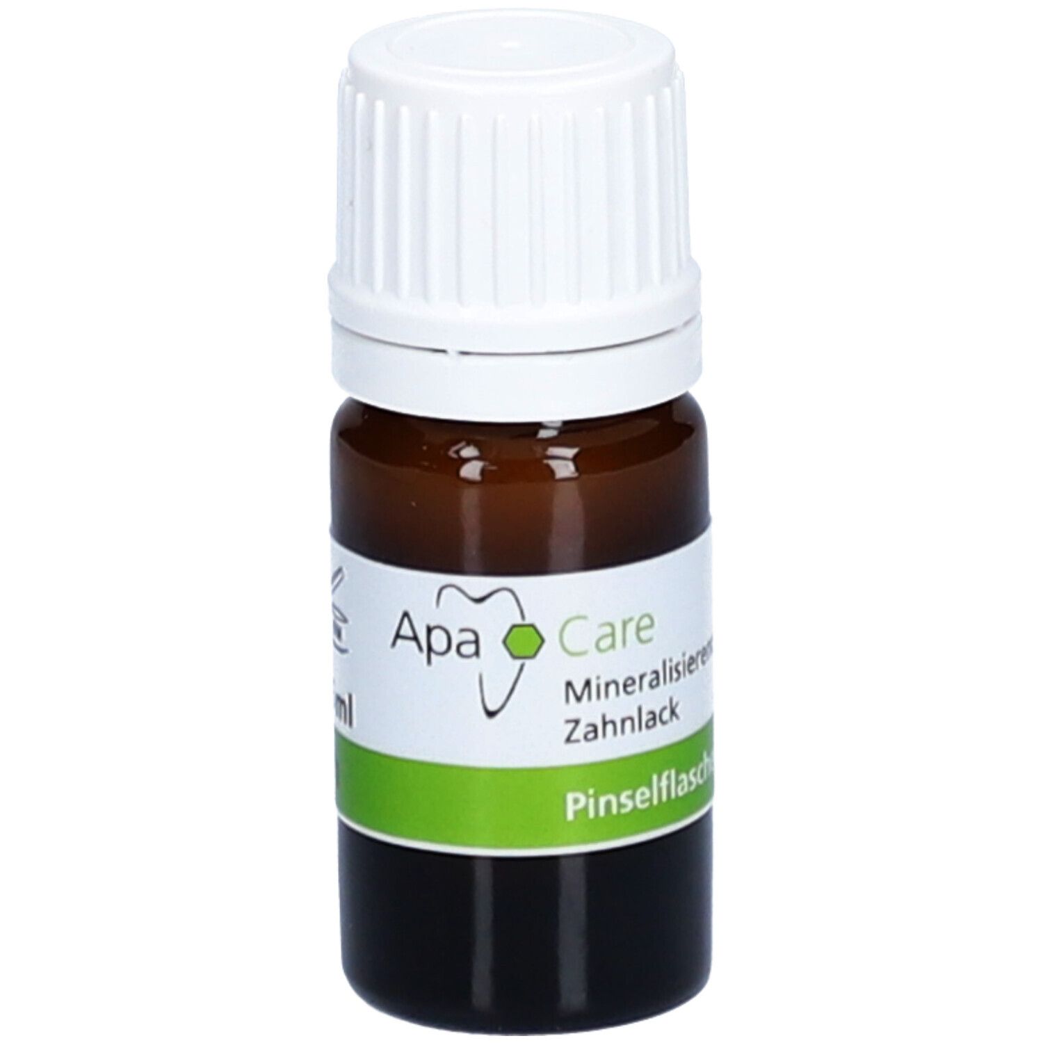 Braune Glasflasche mit weißem Deckel. Etikett mit ApaCare-Logo und Text: 'Mineralisierender Zahnlack Pinselfflasche'.
