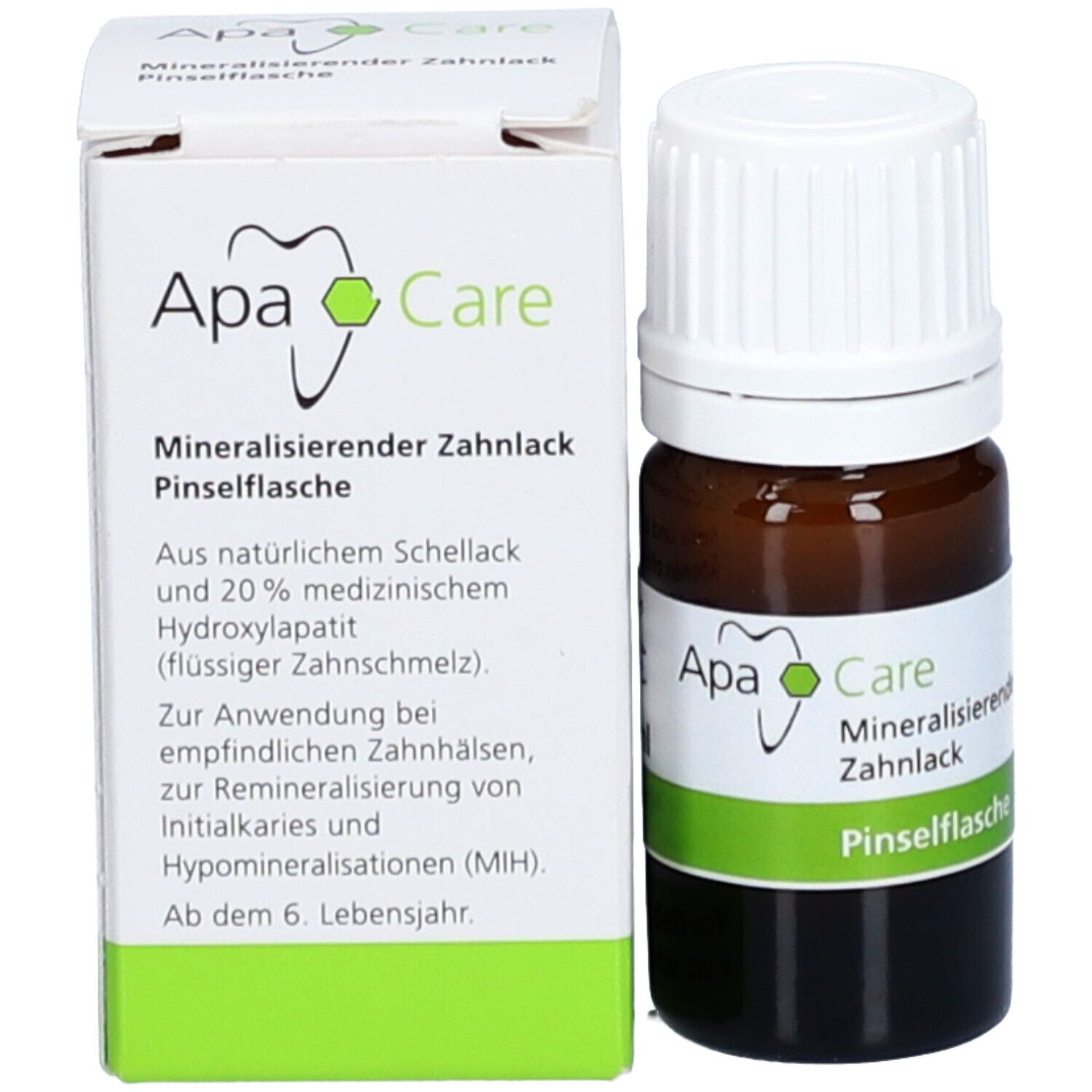 Braune Glasflasche mit weißem Deckel neben einer weißen Faltschachtel. Auf der Schachtel: ApaCare-Logo und Produktinformationen.