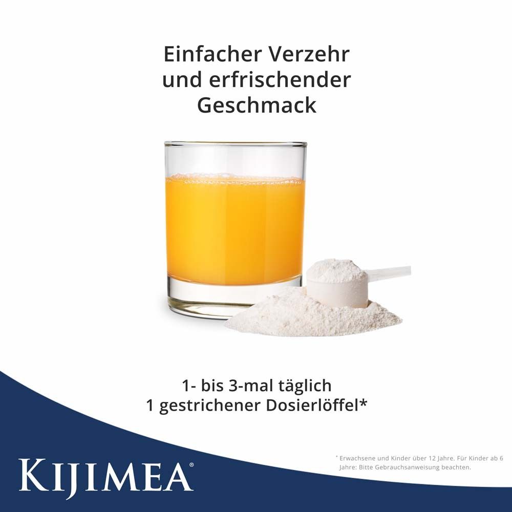 Glas mit gelbem Getränk, daneben Pulver und Dosierlöffel. Text: Einfacher Verzehr, erfrischender Geschmack.