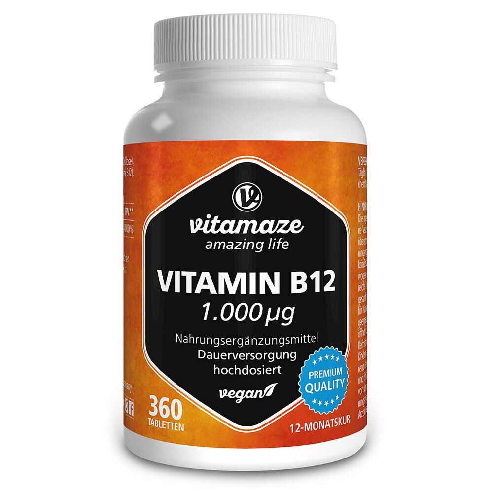 Weiße Flasche mit Vitamin B12 Tabletten. Schwarzes Etikett mit Produktinformationen. 360 Tabletten, vegan, 12-Monatskur.