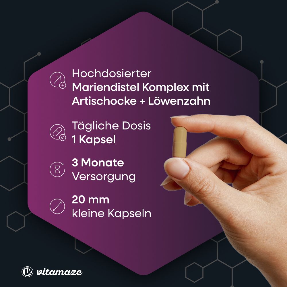 Hand hält eine Kapsel. Text: Mariendistel Komplex, Artischocke + Löwenzahn. 20 mm kleine Kapseln.