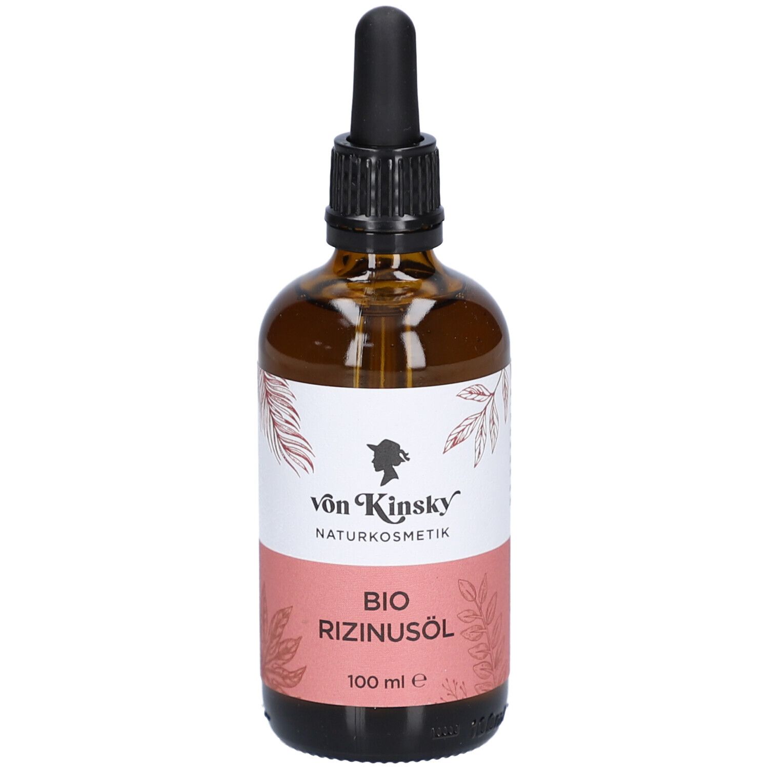 Braune Glasflasche mit Pipette. Etikett mit Logo, Schriftzug "BIO RIZINUSÖL" und "100 ml e".