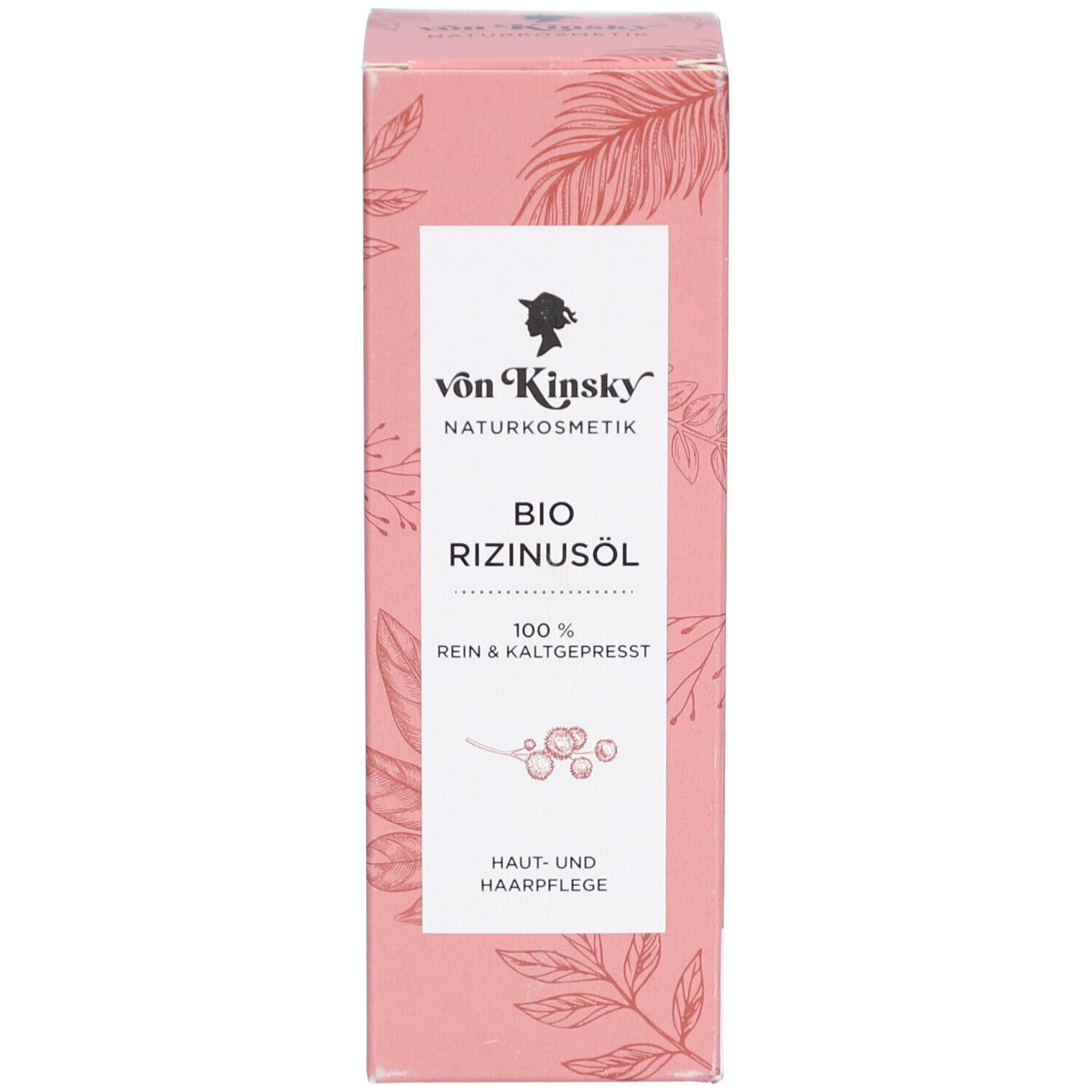 Karton mit Logo, Schriftzug "BIO RIZINUSÖL" und Informationen.