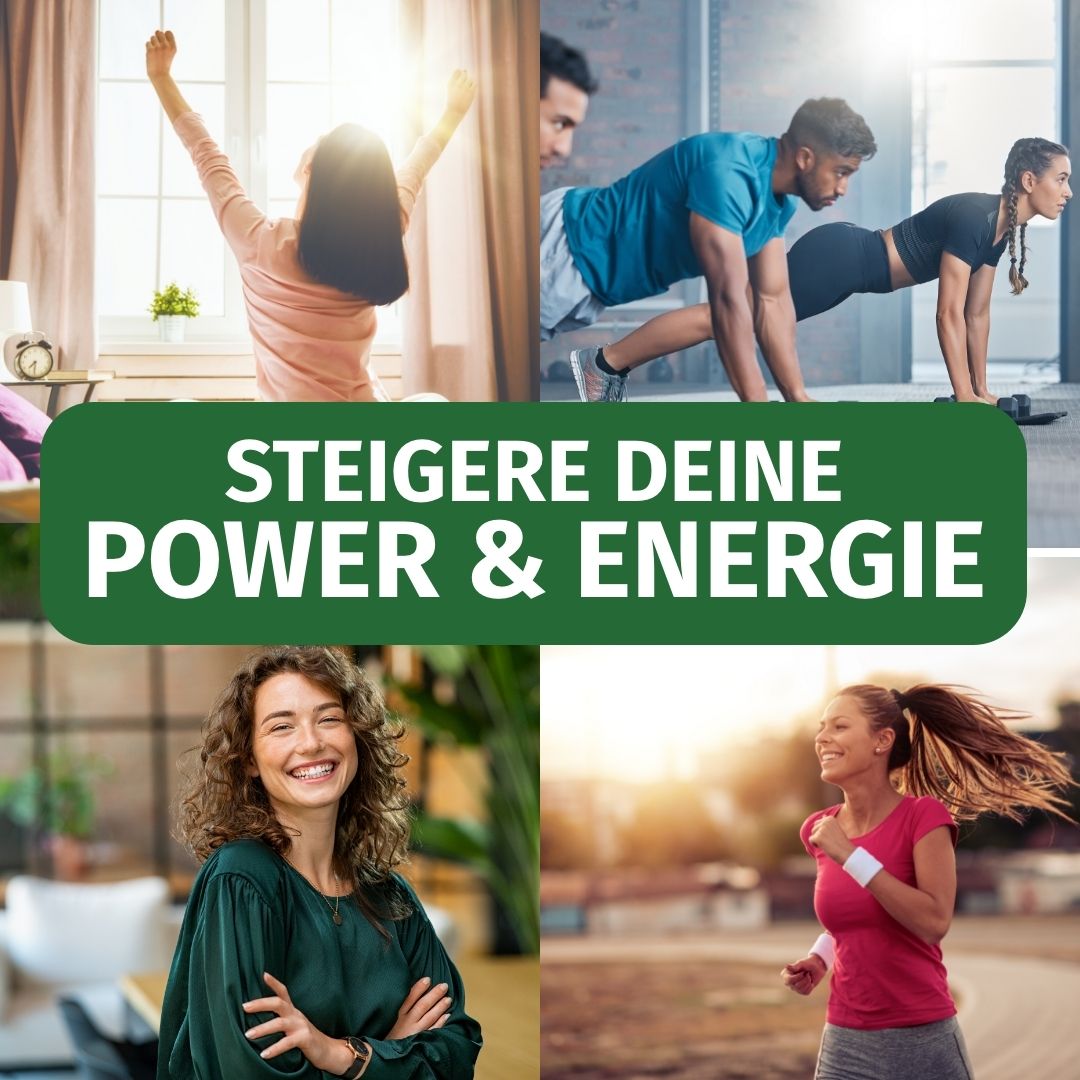 Collage: Menschen in aktiven und entspannten Szenen, mit Text 'Steigere deine Power & Energie'.