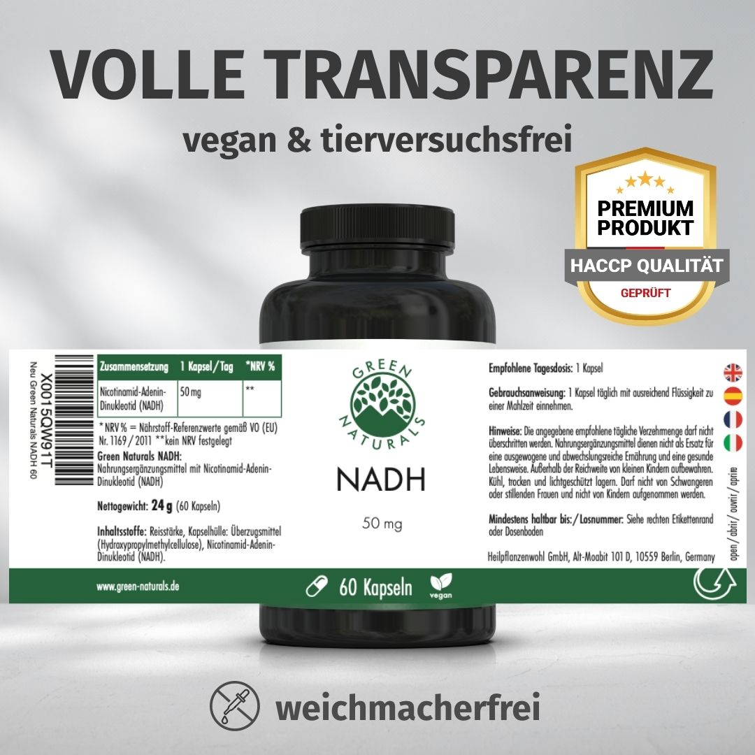 Flasche mit Green Naturals NADH Kapseln, 50 mg, 60 Stück, mit Siegeln 'Premium Produkt', 'HACCP Qualität'.