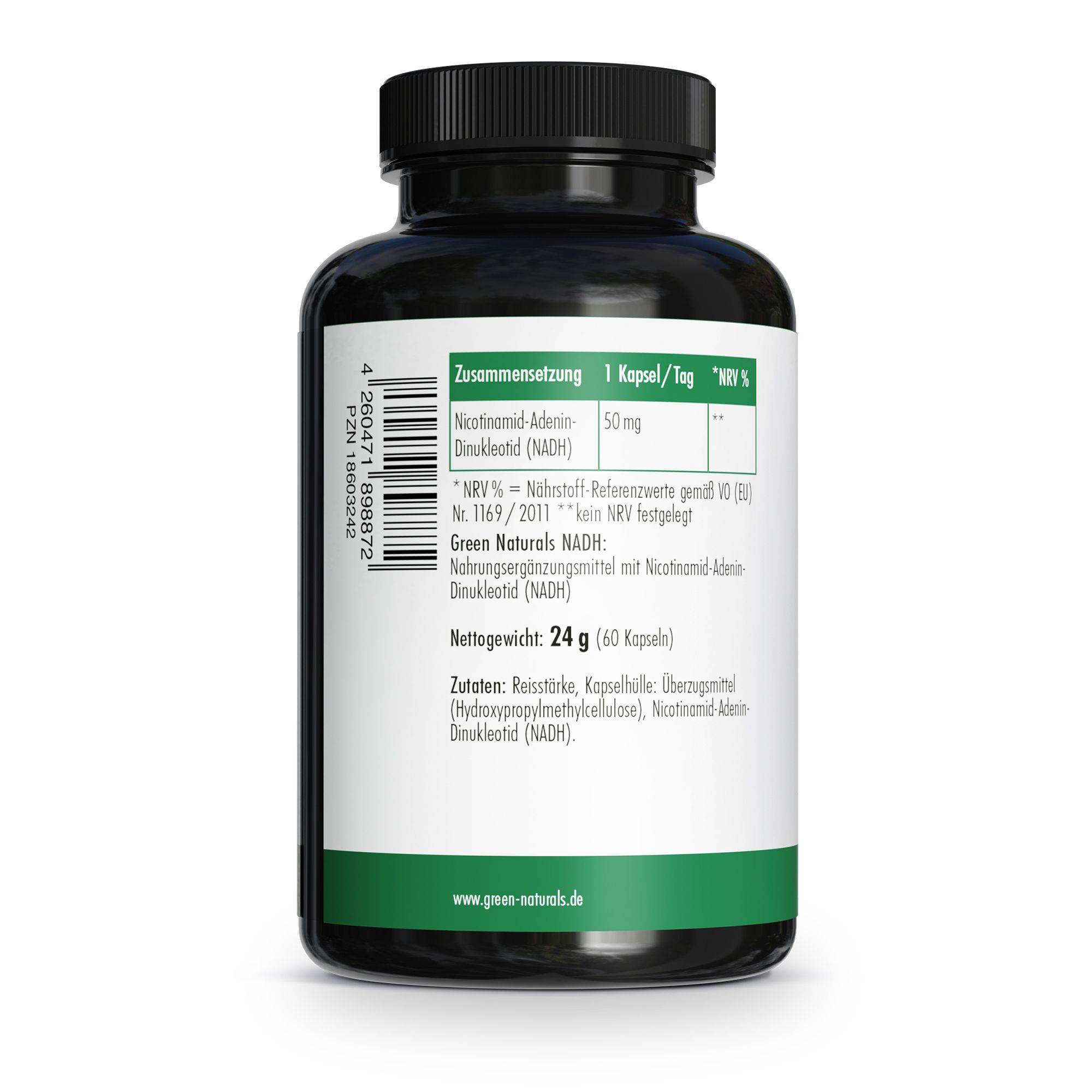 Rückseite der Flasche: Zutatenliste, Nettofüllgewicht 24g (60 Kapseln), Green Naturals NADH.