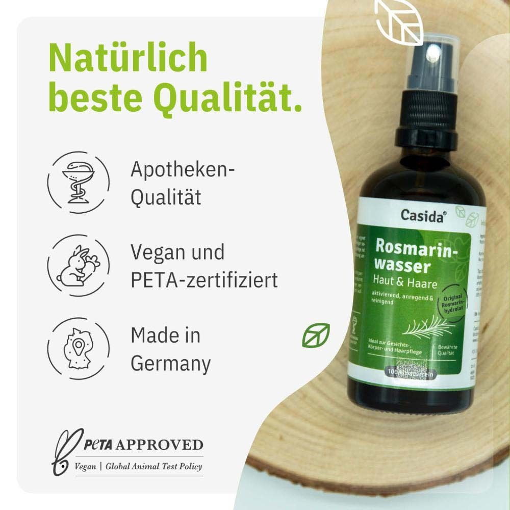 Produktflasche auf Holz. Text: Natürlich beste Qualität. Apotheken-Qualität, vegan, PETA-zertifiziert, Made in Germany.