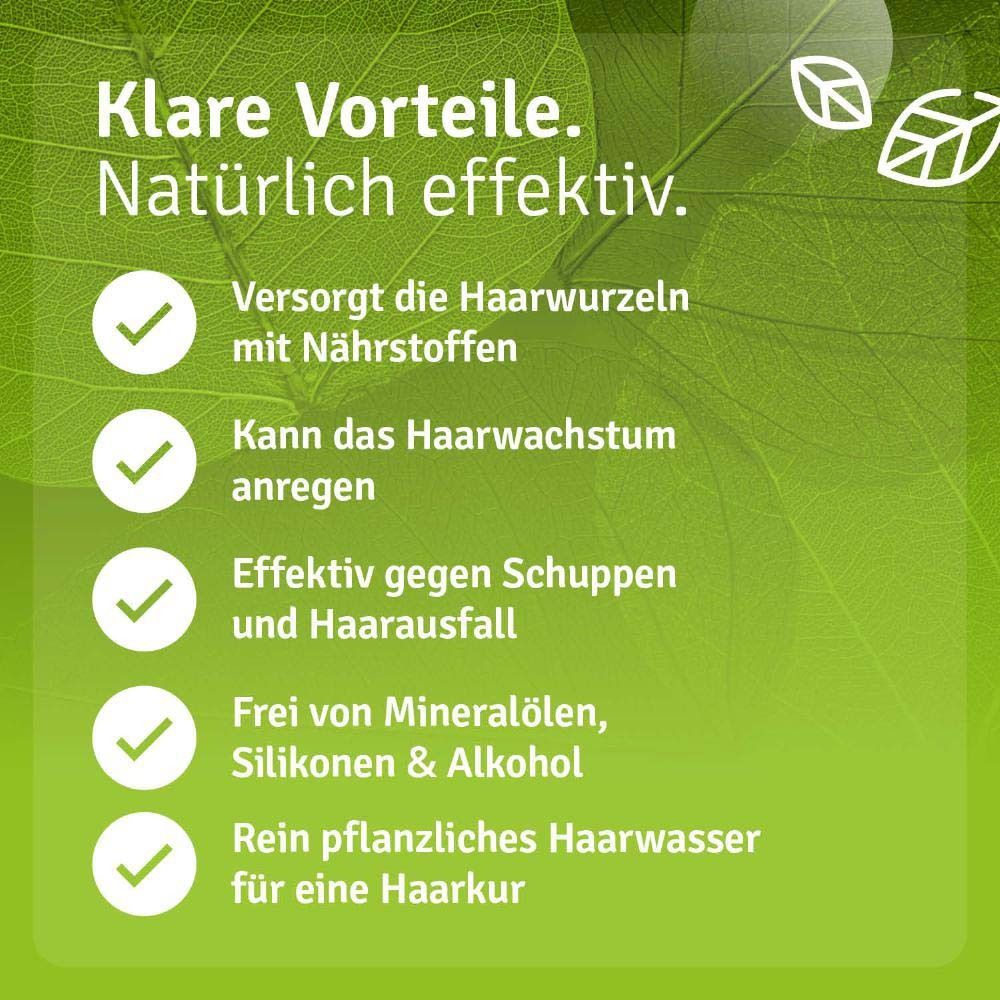 Text: Klare Vorteile. Versorgt Haarwurzeln mit Nährstoffen. Kann Haarwachstum anregen. Effektiv gegen Schuppen.
