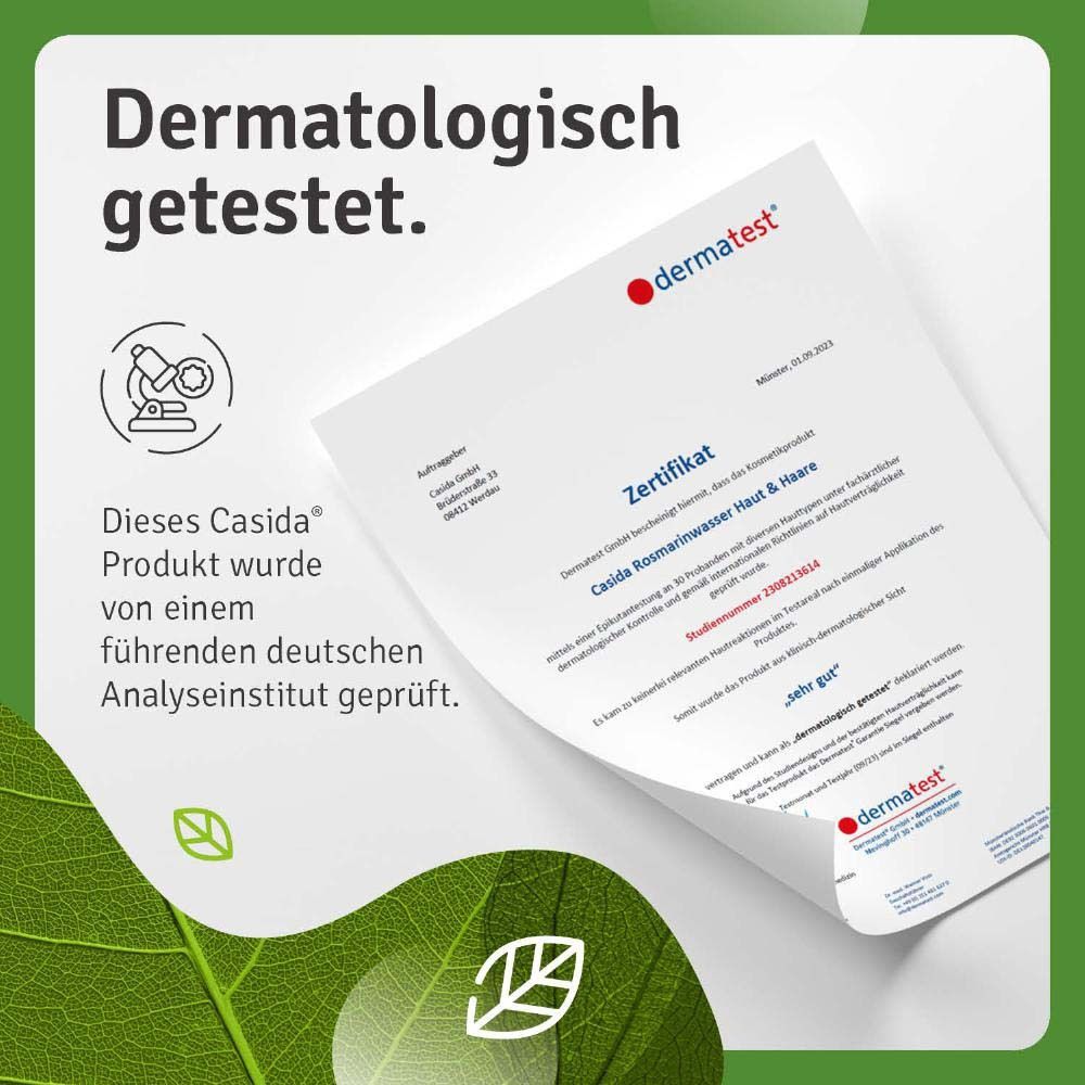 Zertifikat. Text: Dermatologisch getestet. Produkt von deutschem Analyseinstitut geprüft. Logo: dermatest.