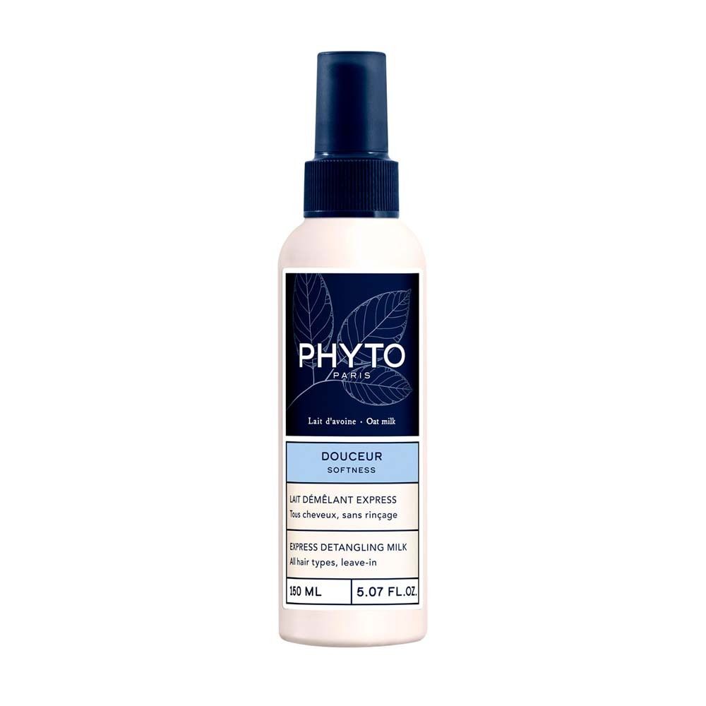 Weiße Flasche mit blauem Sprühkopf. Aufschrift PHYTO PARIS, DOUCEUR Softness, Lait d'avoine - Oat milk.