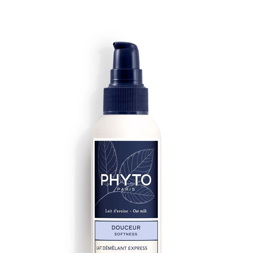 Weiße Flasche mit blauem Pumpkopf. Aufschrift PHYTO PARIS, DOUCEUR Softness, Lait d'avoine - Oat milk.
