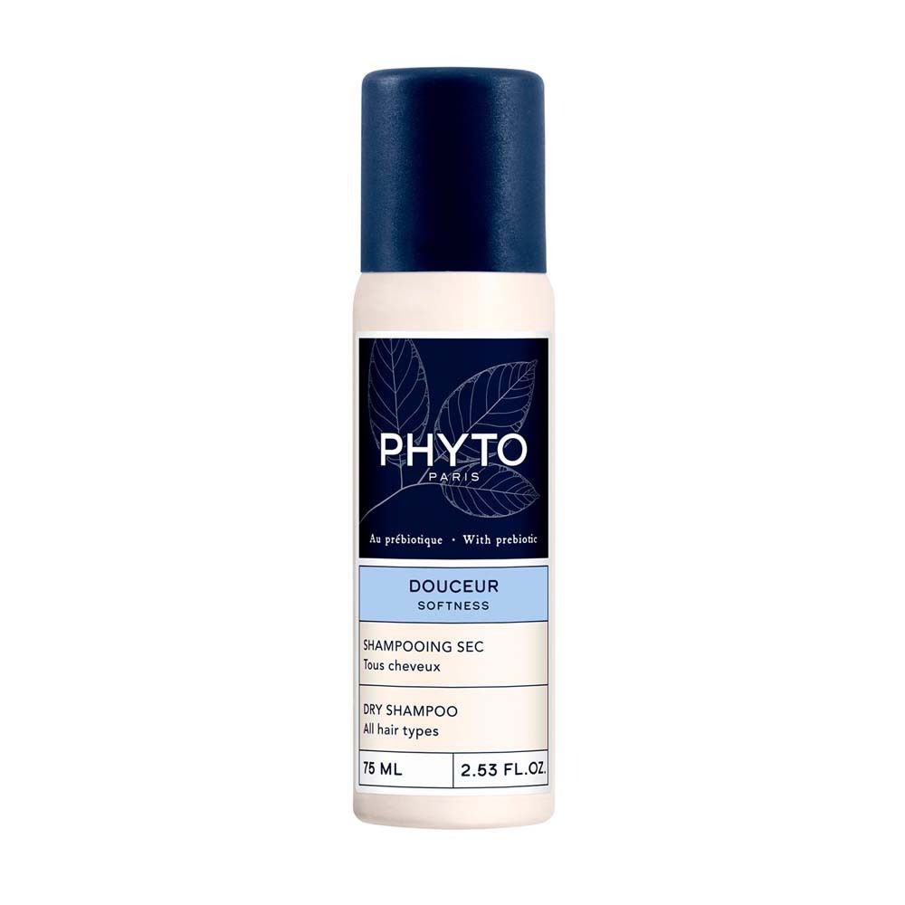 Weiß-blaue Sprühflasche mit blauem Deckel. Aufschrift PHYTO PARIS, DOUCEUR Softness, Trockenshampoo.